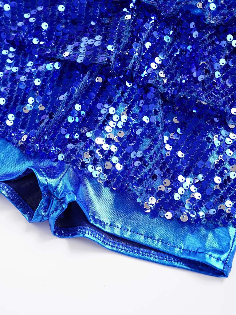 Shiny Sequins Halter Leotard for Girls: Backless Design with Hair Tie Headwear for Modern Jazz Latin Dance Costume