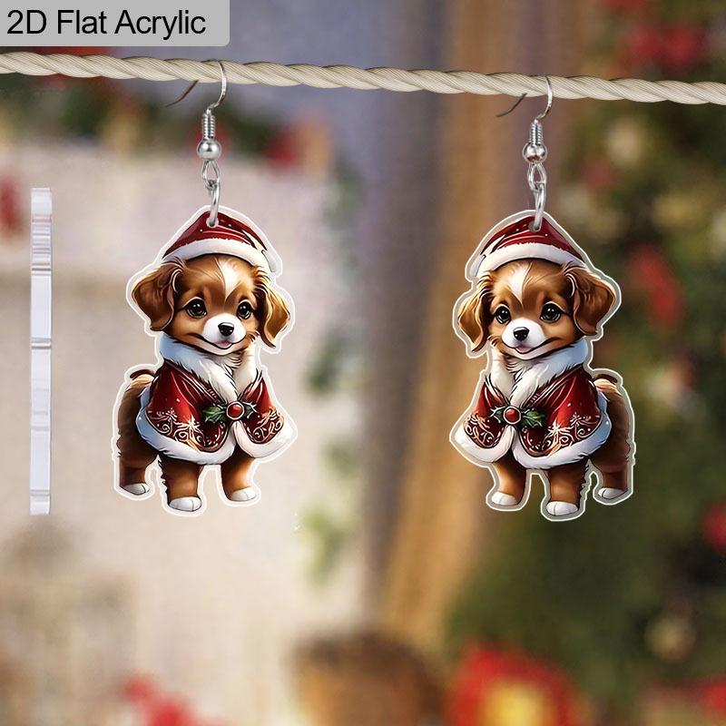 2D Flat Cute Christmas Dog Earrings Dangle Jewelry for Girls Women Gifts Charms