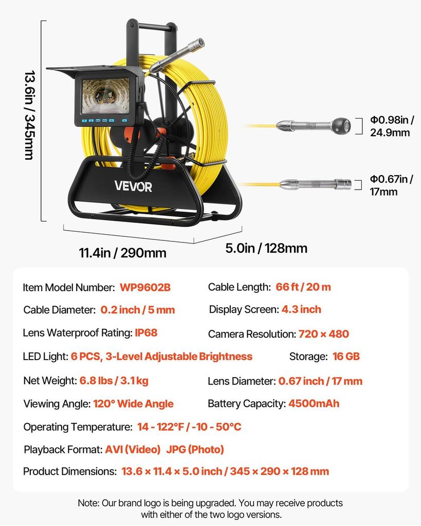 Sewer Camera, 20m Drain Inspection Camera, IP68 Waterproof Snake Plumbing Cameras with Lights - 6 Adjustable LEDs, 4500mAh Battery & 16GB Card for
