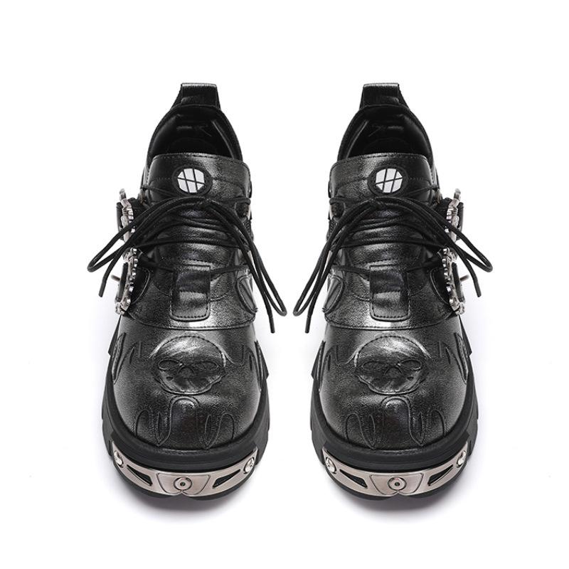 New Gothic Punk Shoes Dark Flame Embroidery Chunky Platform Low Top Women Retro Leather Shoes
