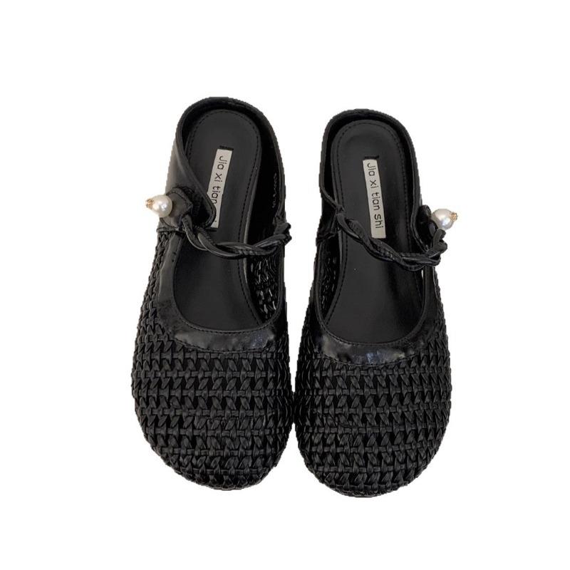 Innere Höhenzunahme gewebte hohle Tasche Kopf halbe Pantoffeln Damen Oberbekleidung Sommer neu atmungsaktiv Rock Plateau-Sandalen