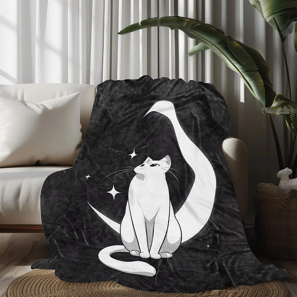Black White Cat Moon Theme Flannel Blanket Soft Hd Digital Print All Season Comfortable For Home Decor Gift