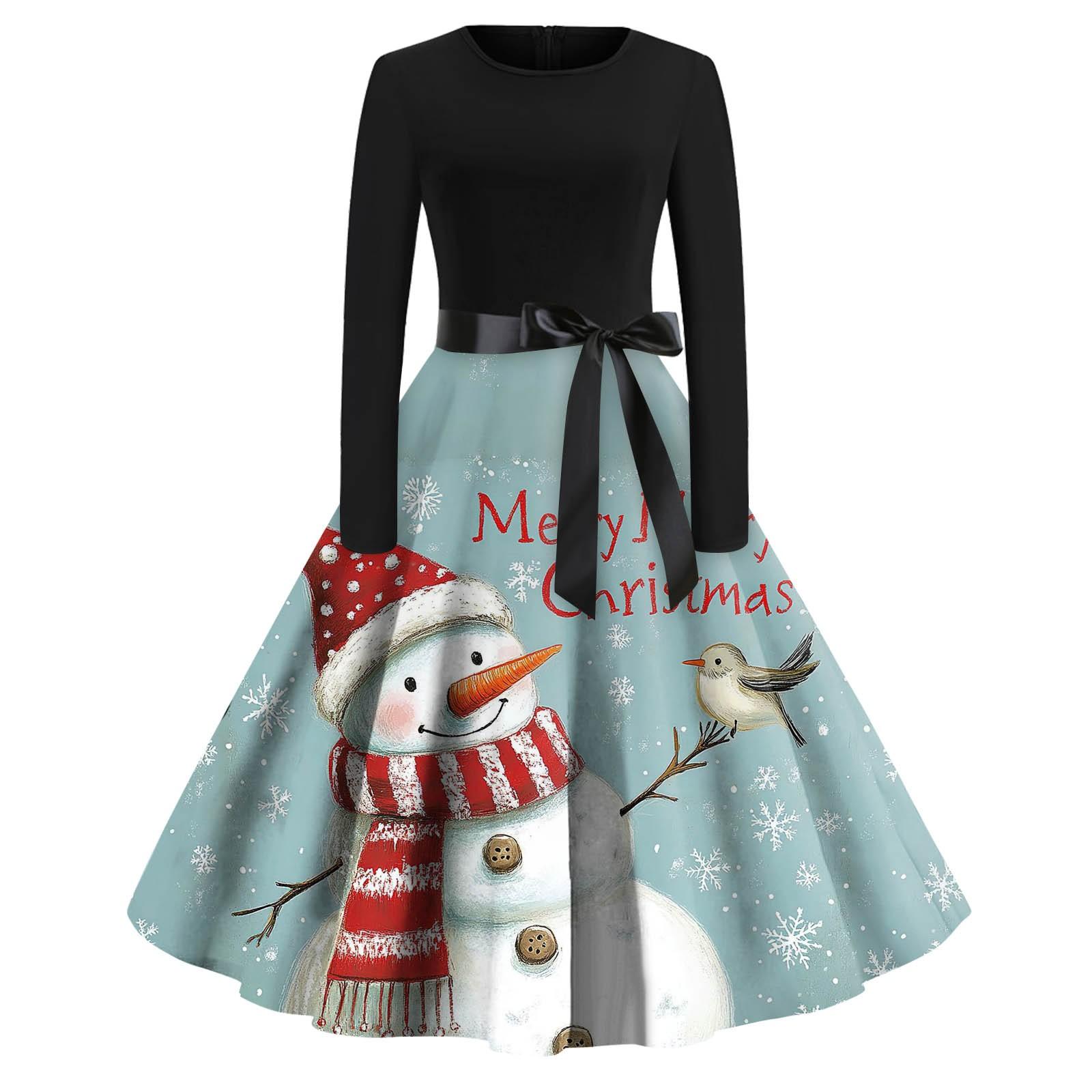 

Жіночі повсякденні модні вінтажні довгі сукні з різдвяними графічними принтами з довгими рукавами L ціан