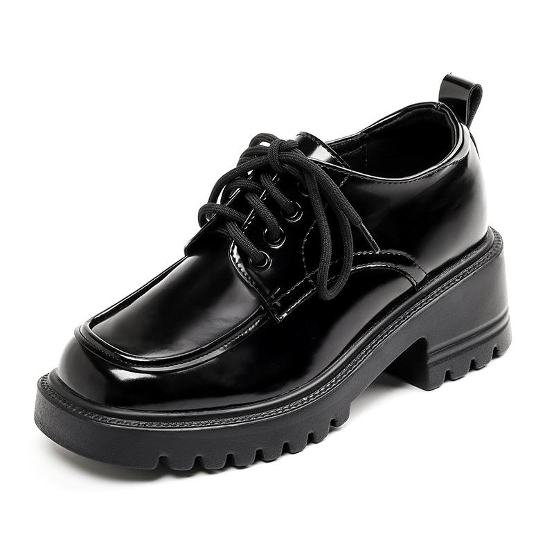 Women's 8cm Height-Increasing Leather Loafers - Chunky Heel, Lace-Up, Square Toe, Spring/Autumn Style