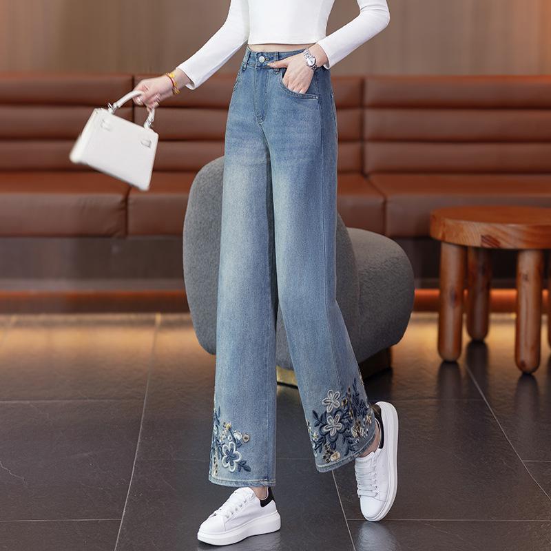 2025 New Chinese Style Embroidered High-Waist Wide-Leg Petite Jeans