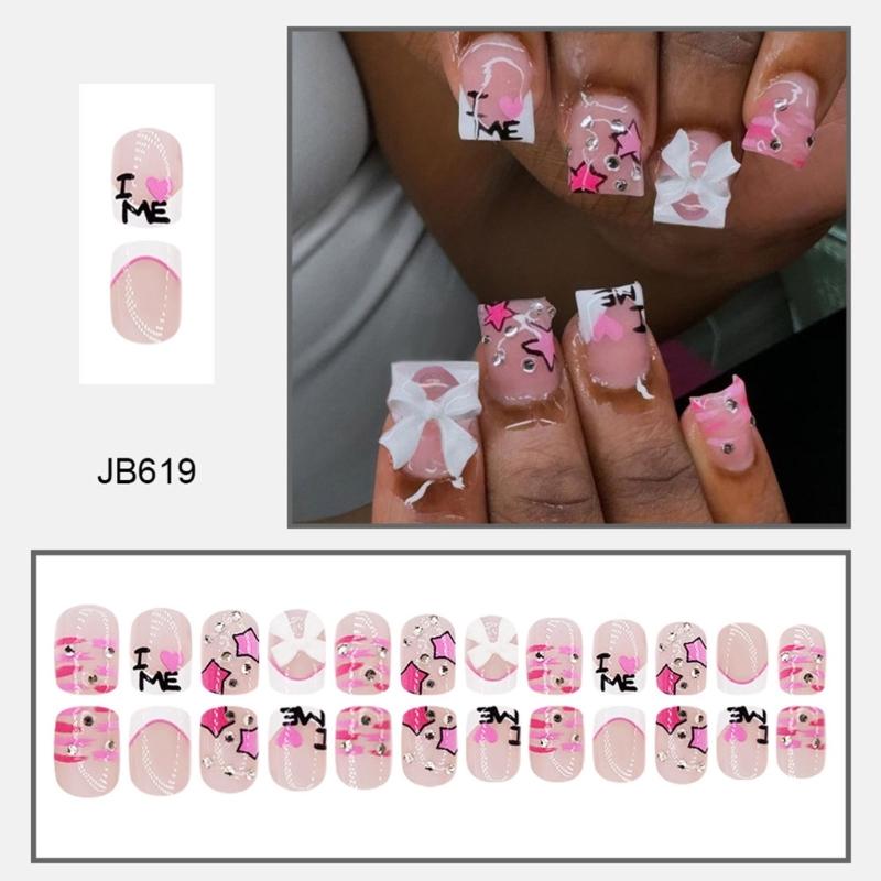 24 Pcs Valentines Day Press On Nail Short Square False Nail 3D Bows Stick On Nail French Tip Artificial Nail