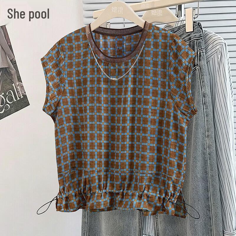 TACHI Women s Retro Plaid Contrast Short Sleeve Blouse L