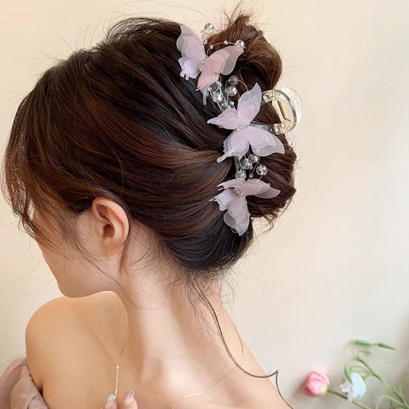 13cm Chiffon Bead Tassel Hair Claw Jaw Elegant Fairy Butterfly Hair Clip Crab Girls Large Hairpins For Women Hair Accessories Headwear