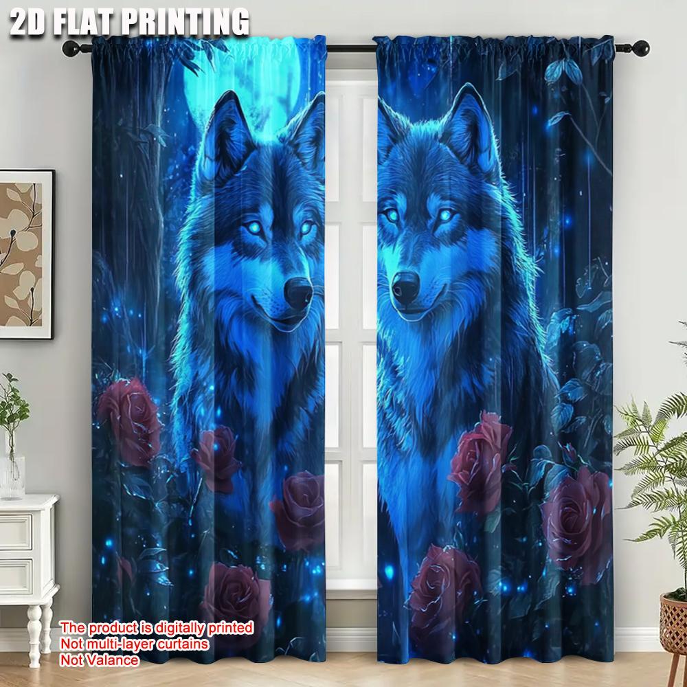 2pcs   Popular Curtain Panels  plane printing Mystical Wolf & Blue Roses Polyester (without rod) Decorations For Home for Home