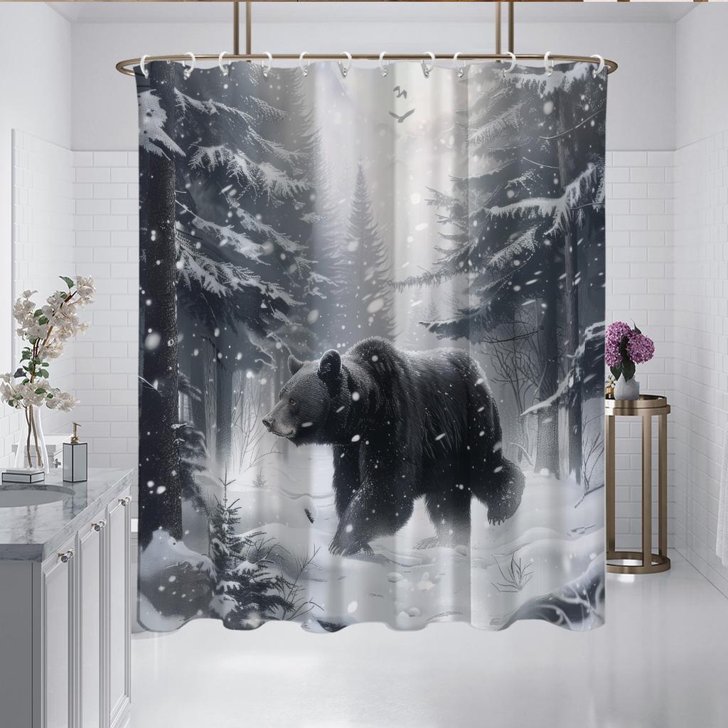1pc Bear Animal Print Waterproof Shower Curtain Shower Partition Hanging Curtain with 12 Hooks Multiple Sizes Easy To Install