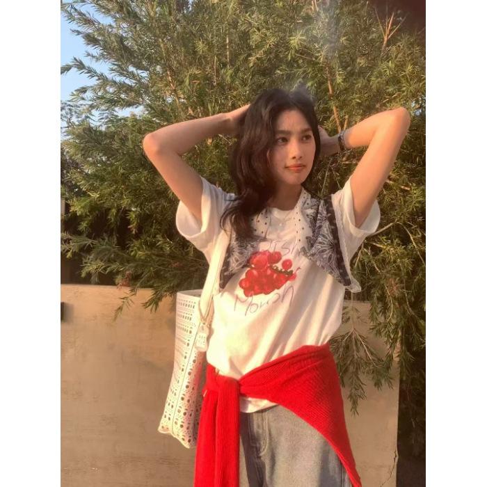 Korean foreign style age-reducing letter-printed shoulder T-shirt women's 2026 summer loose and thin comfortable top