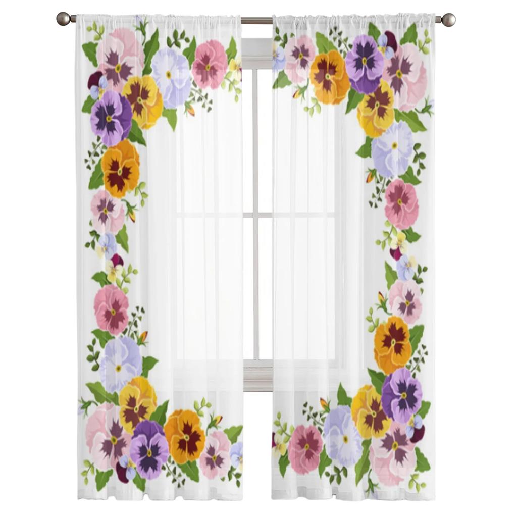 Barevné květy macešky Tyl Průsvitné okenní závěsy do obývacího pokoje do ložnice moderní šifonové voálové závěsy látkové závěsy