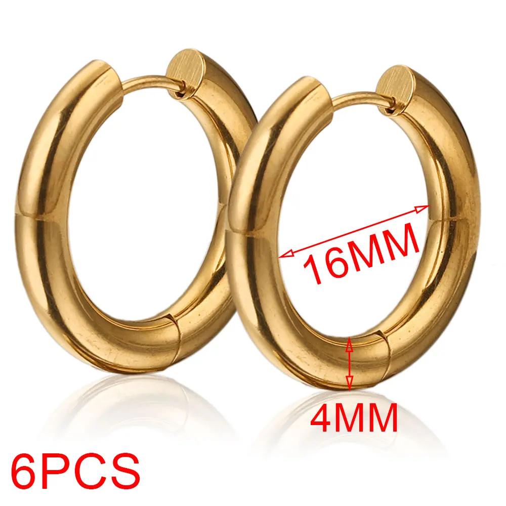 

6pcs Stainless Steel 4mm Thick Earrings Gold Plated Large Round Korean Ear Rings Hoop Earring for Women Female Jewelry Luxury