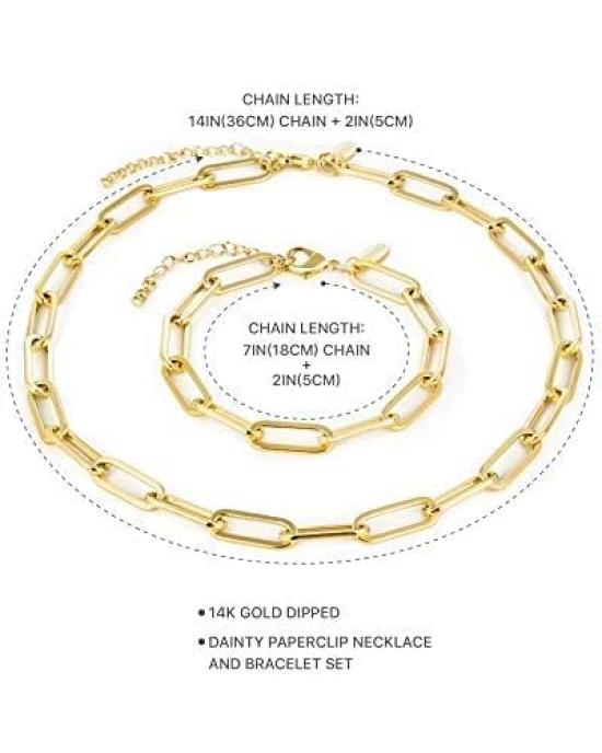 Paperclip Chain Necklace for Women, Paperclip Bracelet Set, Gold Chain Link Necklace for Women, 14K Gold Chain Necklace and Bracelet, Thick Gold