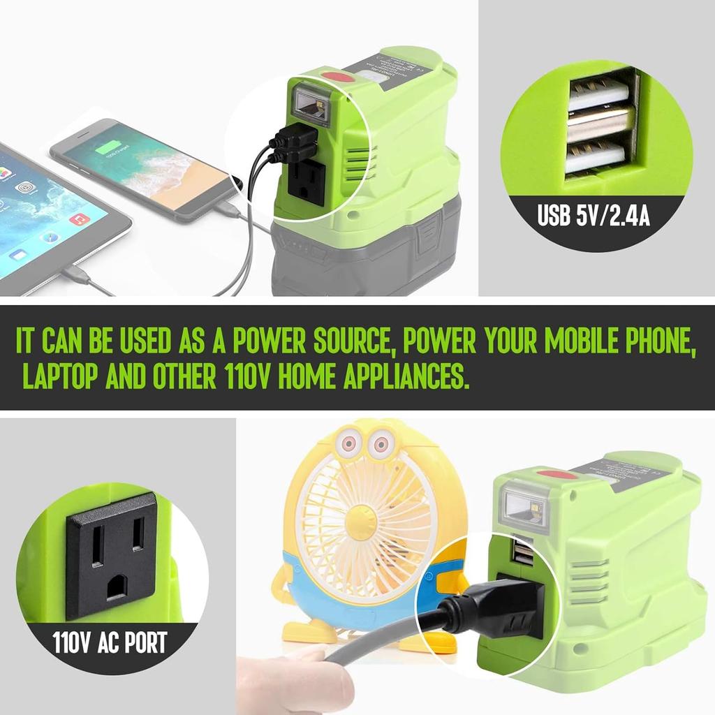 Menič napätia pre batériu Ryobi 18V ONE+, 150W prenosná nabíjačka pre stanicu na nabíjanie batérií Ryobi, napájací zdroj, DC 18V na AC 110 s AC/USB portom DIY