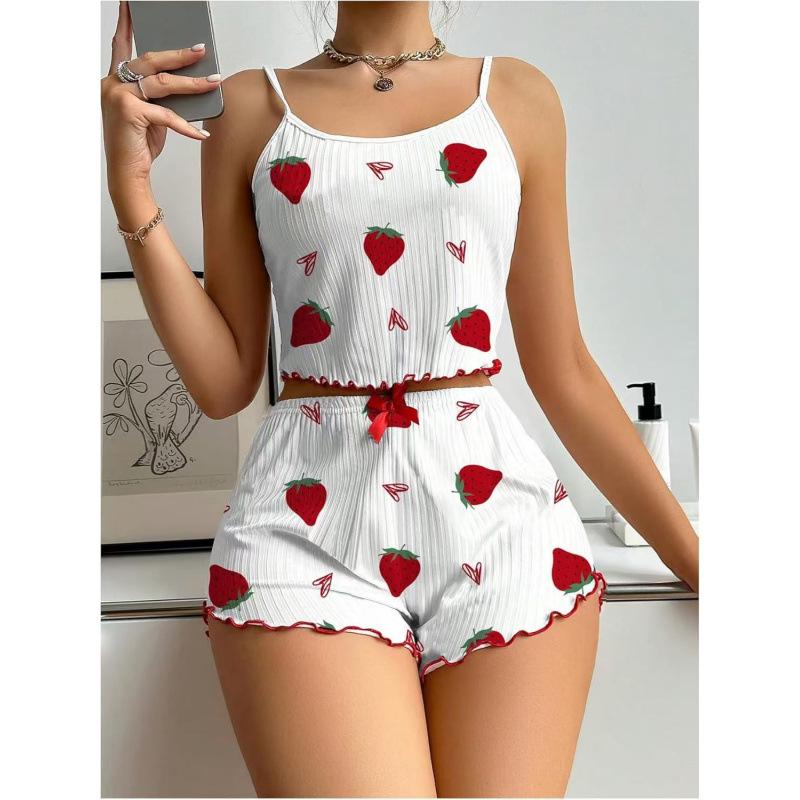 Strawberry Heart Print Ribbed Pajama Set: Women's Camisole & Shorts Loungewear.