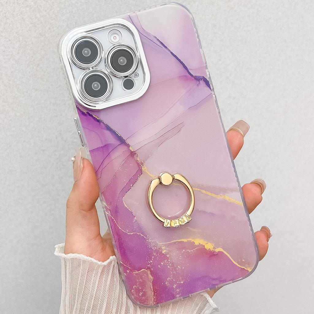Suitable for IPhone16 Electroplated Phone Case, Apple 15promax Marble-patterned Ring Stand Cover