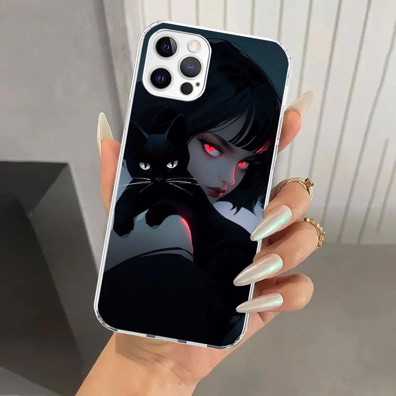 Anime Girls Cute Black Cat Phone Case for Iphone 17 Air 16 15 Plus 14 13 Mini 12 11 Pro Max 16E 7 8 SE 2020 Soft Funda Print She