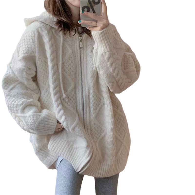 Retro Twist Jednobarevný Svetr na Zip Kardigan Podzim a Zima Volný Líný Větruodolný Pletený Kardigan s Kapucí Dámský
