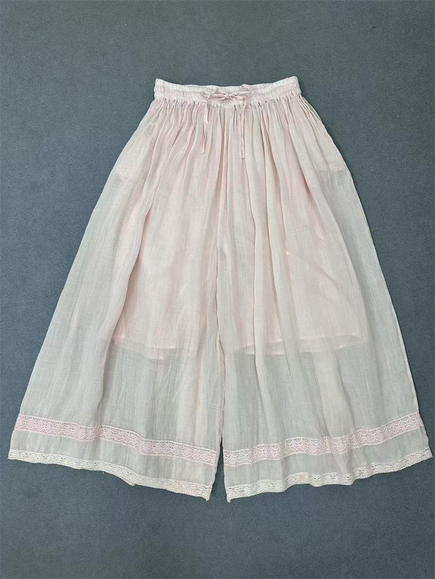 

Johnature Patchwork Lace Pants Women Summer Lace-up Elastic Waist High-waisted Cropped Pants One Size