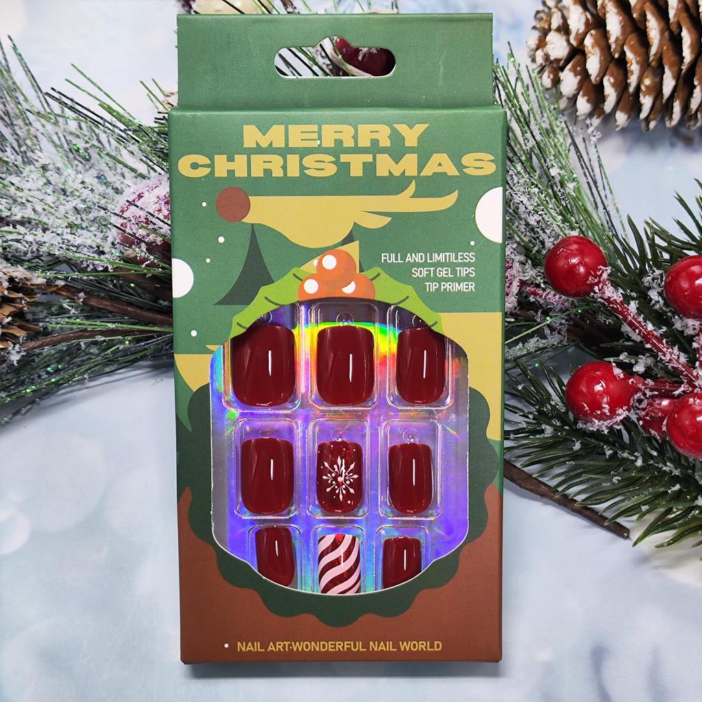 Christmas Press on Nails Short Square Red Fake Nails with Candy Cane Line Snowflake Glossy Designs Full Cover Press ons False Nails for Women 24 Pcs