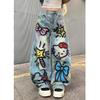Trendy Plus Size Cartoon Graffiti Jeans Women High Waist Heavy Duty Design Flared Pants