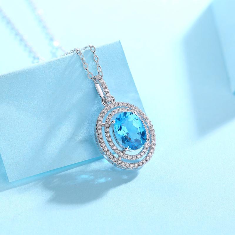 Tancise S925 Sterling Silver Sea Blue Topaz Luxury Personality Pendant Necklace Women's Classic Tide Sugar Full of Wild Clavicle Chain.