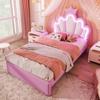 Children's Bed Girls Crown Single Bed with Adjustable Headboard, LED Strip, Slat Base and 2 Drawers, Made of PU Leather  (without Mattress), Pink