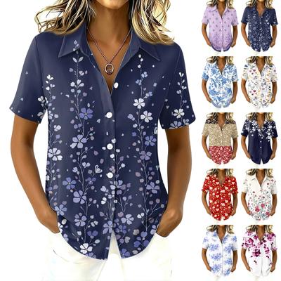Women’s Short Sleeve Button Down Shirt Floral Print Lapel Collar Loose Fit Lightweight Blouse Top for Casual Daily Wear