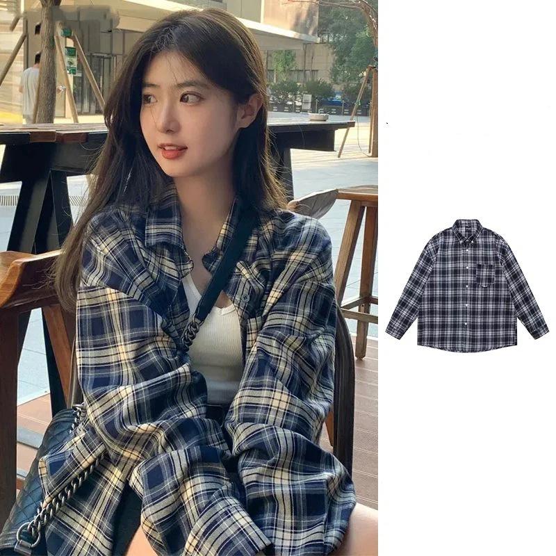 Spring Women Plaid Flannel Button Down Shirt Long Sleeve Oversized Blouse