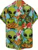 Funny Alien Eating Pizza Pattern Men'S Fashion Casual Shirt Hip Hop Rock Street Hawaiian Shirt