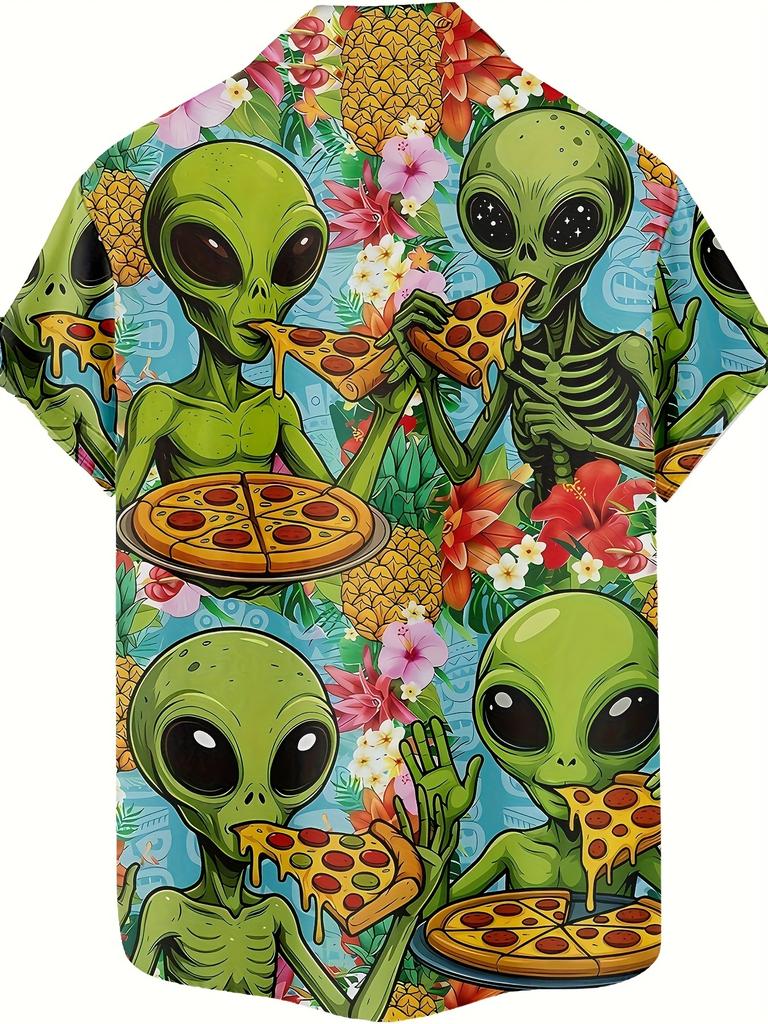 Funny Alien Eating Pizza Pattern Men'S Fashion Casual Shirt Hip Hop Rock Street Hawaiian Shirt