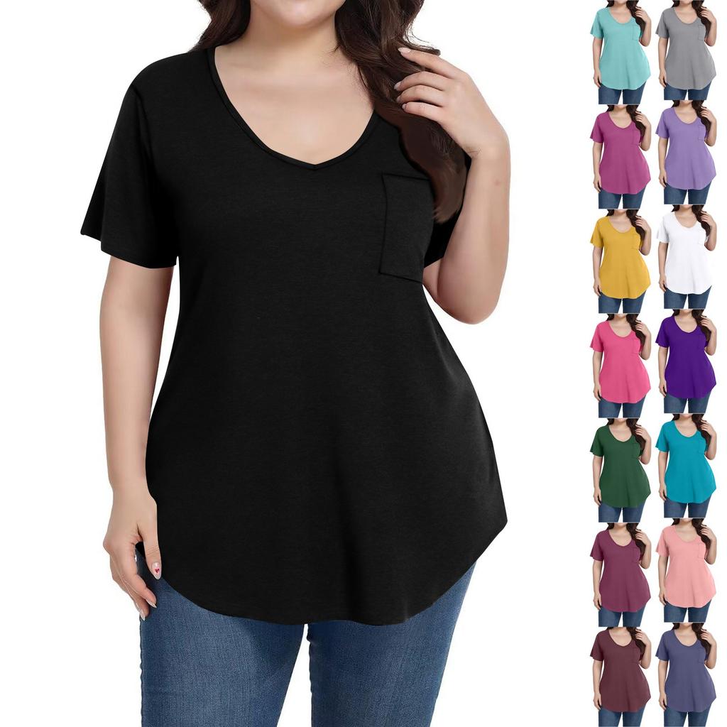 Women's Solid Color Large Size V-neck Top Loose Pocket T-shirt