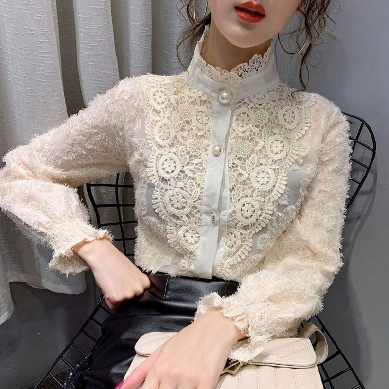 Solid Color Long-sleeved Sexy Lace Shirt Women's Spring Korean Version Slim Standing Neck Simple Versatile Shirt