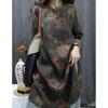 2026 New Cotton and Linen Retro Print Women's Mid-Length Shirt Dress with Stand Collar and Frog Buttons
