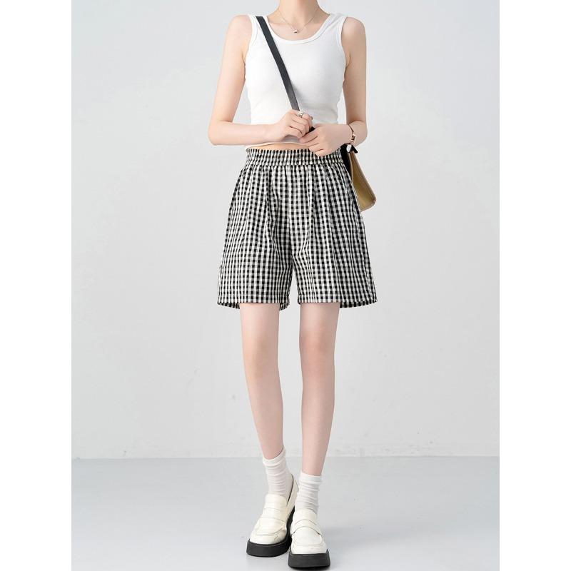 

Summer black and white plaid five-point shorts washed cotton loose and thin high waist wide legs casual sports hot pants children M