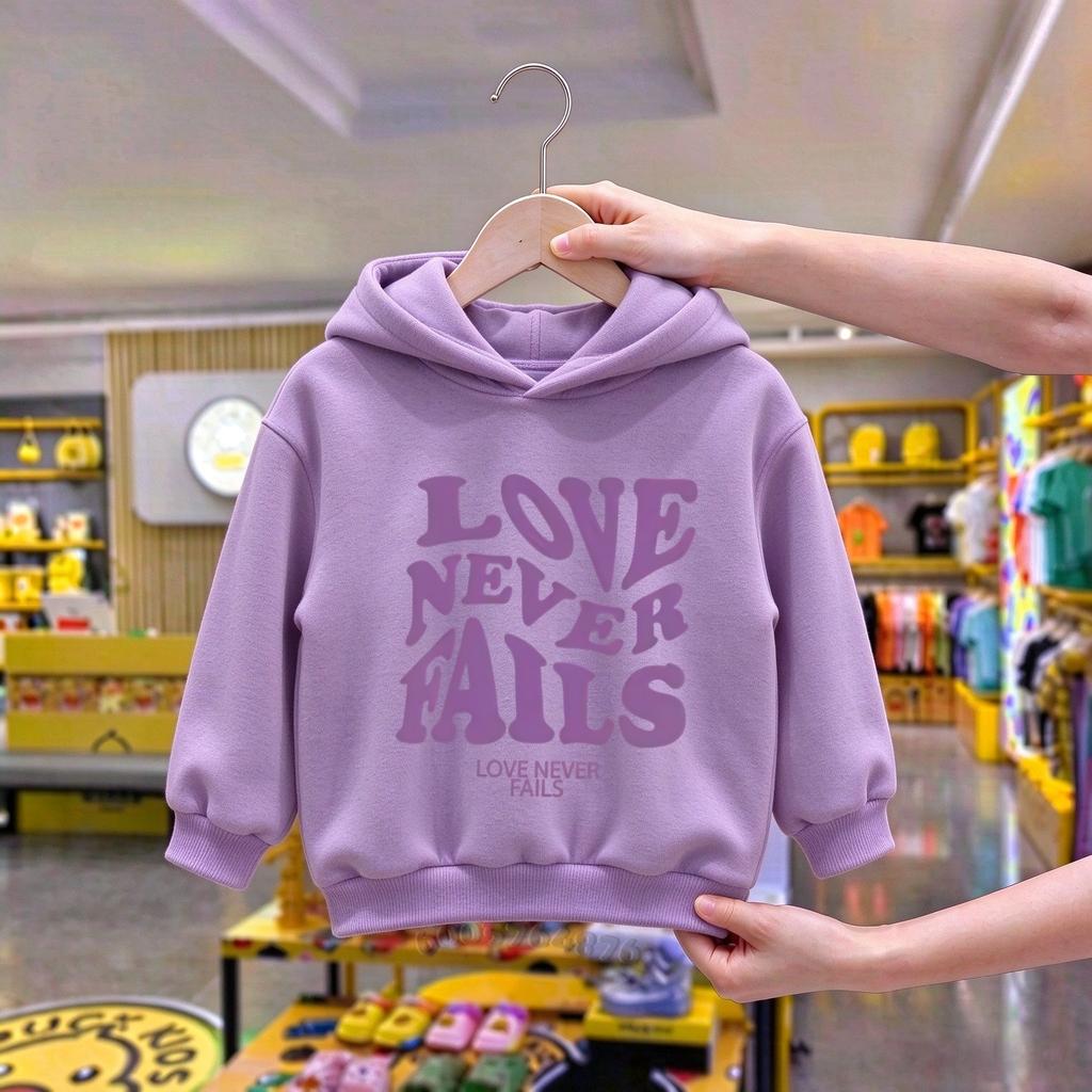 Kids Love Never Fails Letter Print Fleece Hoodie, Warm Breathable Loose Casual Pullover Sweatshirt, Boys Girls Hooded Tops