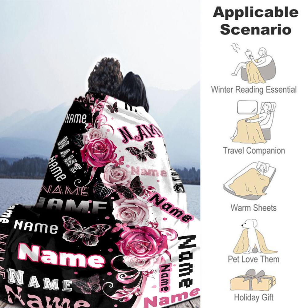 Name Rose Butterfly Customize Text Blanket Cozy Personalized Blanket Durable Comfort Suitable for Office Bed Living Room Picnics for All Occasions