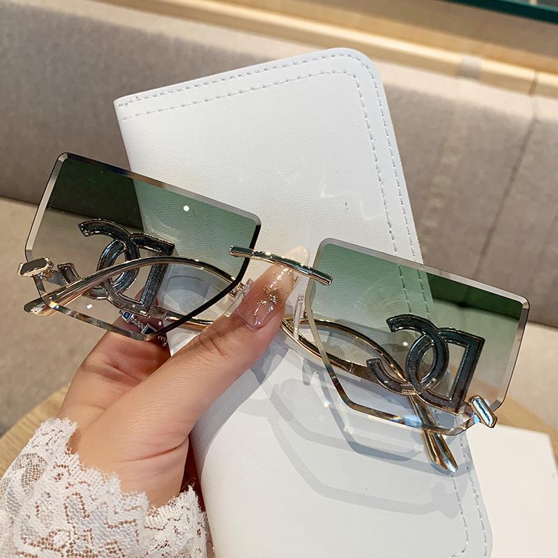 Women's Rimless Large Square Sunglasses with Metal Lettered Temples - Stylish and Popular Mirror Design