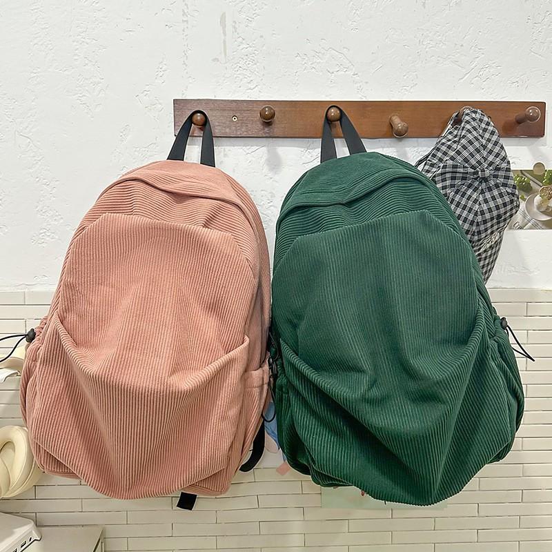 2025 New Corduroy Solid Color Backpack Female College Students 'schoolbag Simple Korean Style Japanese