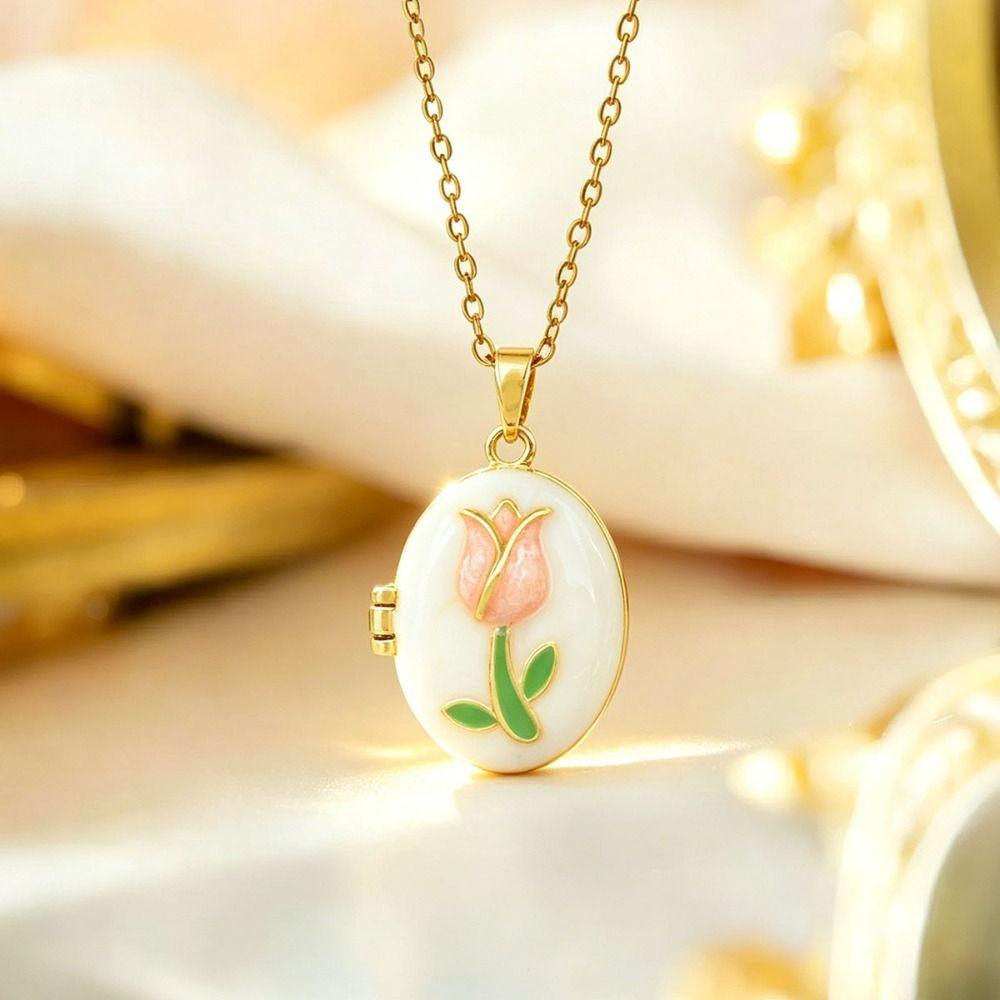 Titanium Steel Photo Locket Pendant Necklace Openable Glazed Flower Choker  Girl