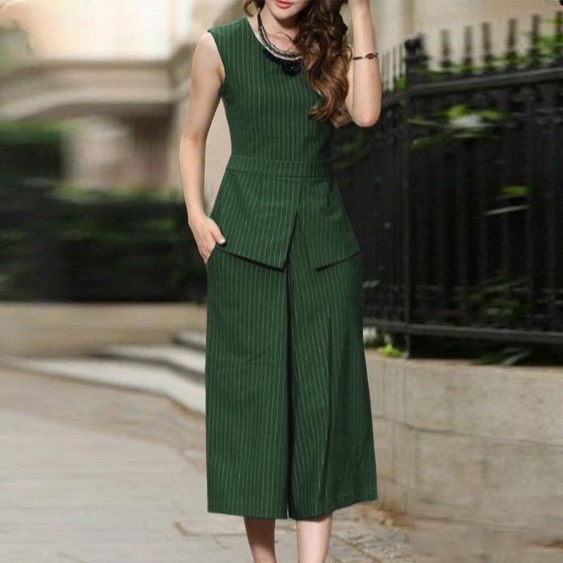 ZANZEA Women Sleeveless Vest Tops and Capris Pants Stripe Print Tow Piece Sets