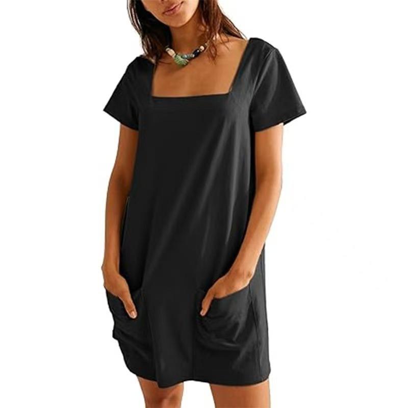 Women's Square-neck Short-sleeved Fashionable Short Skirt Pocket Casual Dress