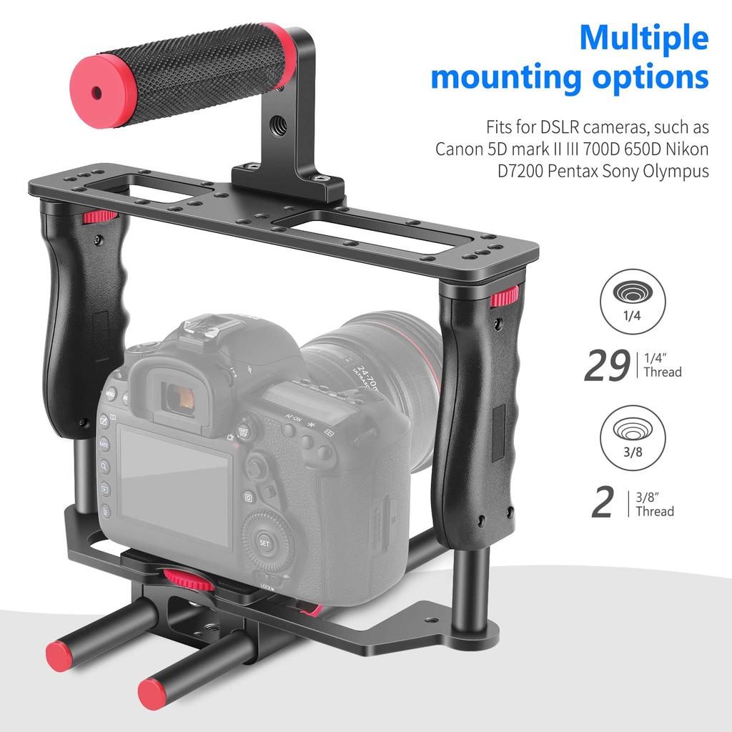 NEEWER Camera Video Cage Filmmaking Kit, Aluminum Alloy, with Top Handle/Dual Hand Grips/2 X 15mm Rods, Compatible with Fujifilm and Other DSLR Camera