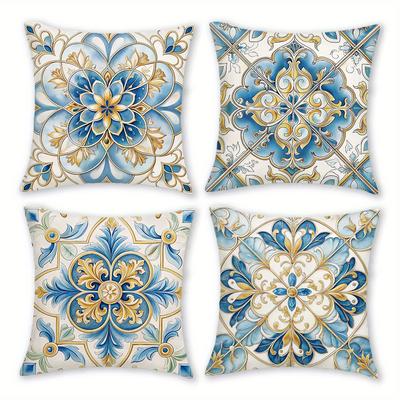 1/4 Stück Bohemian Blau Gold Floral Fliesen Kissenbezüge Vintage Mediterraner Stil Kissenhüllen für Heim Sofa Schlafzimmer Dekoration