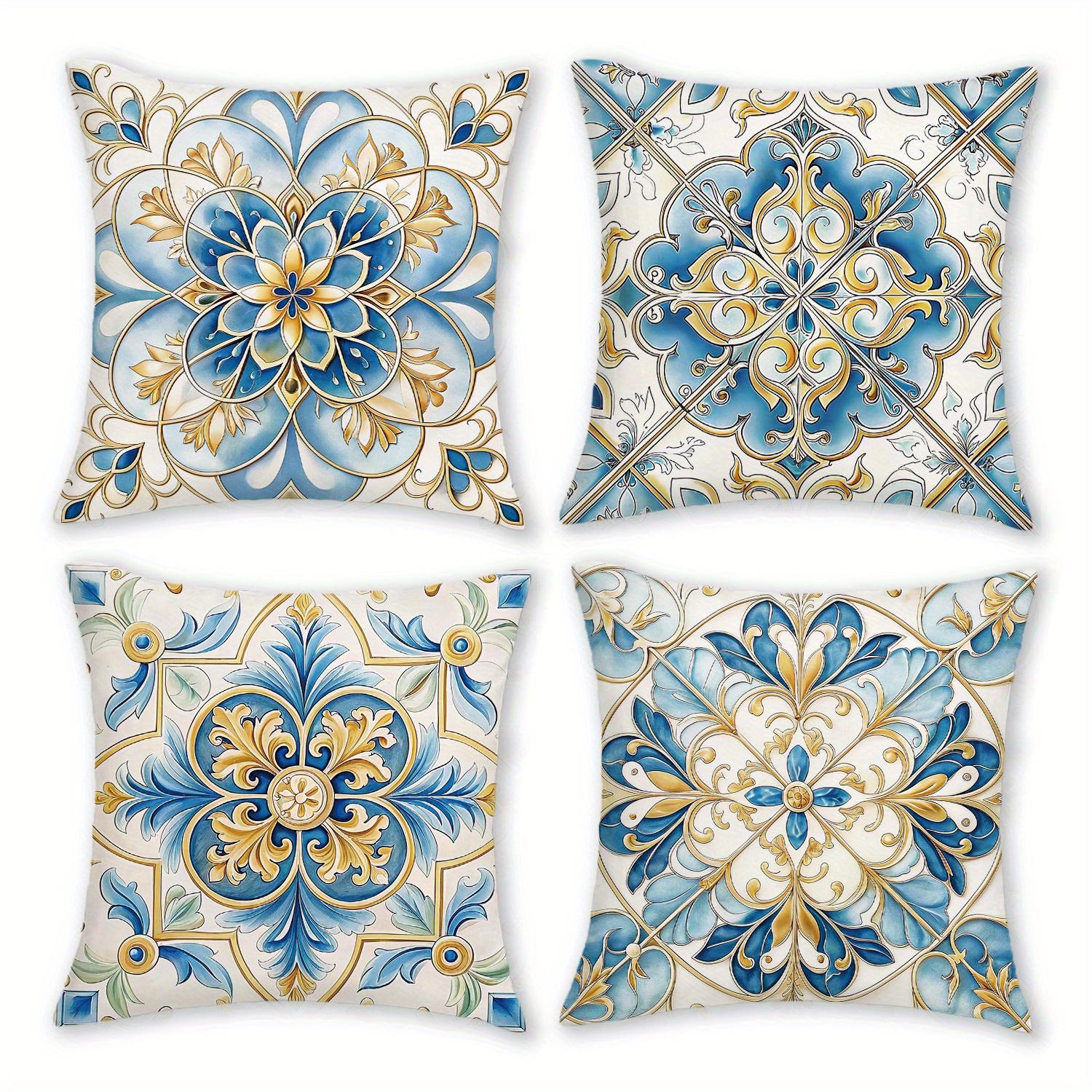 1/4pcs Bohemian Blue Gold Floral Tile Throw Pillow Covers Vintage Mediterranean Style Cushion Cases for Home Sofa Bedroom Decor 40x40cm