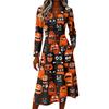Women's Halloween Print V-Neck Long Sleeve Casual Dress with Pockets