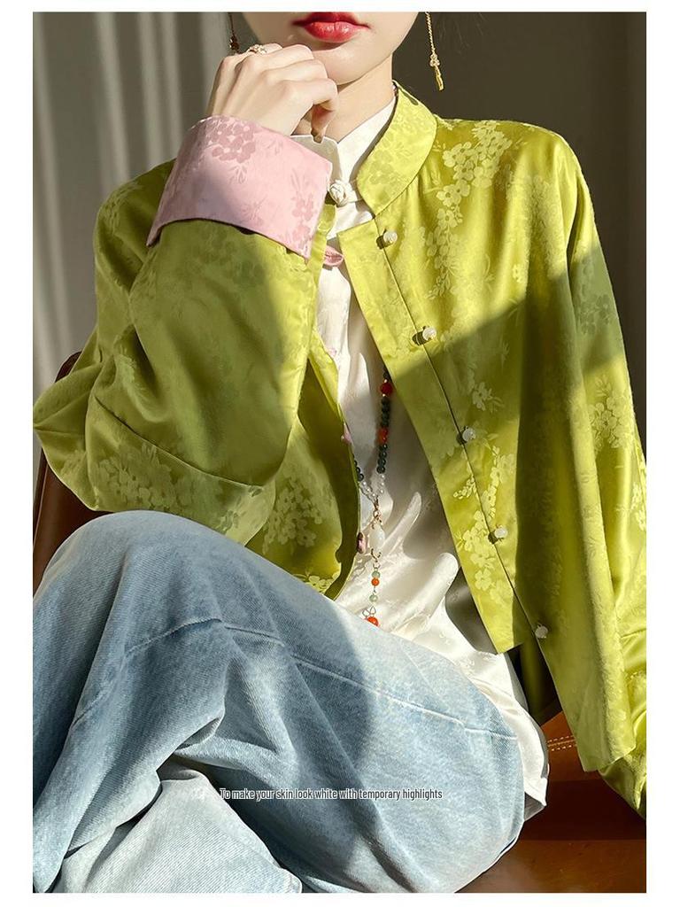 Women's Retro Satin Mandarin Collar Cardigan - Loose Fit, Light National Style Tang Jacket