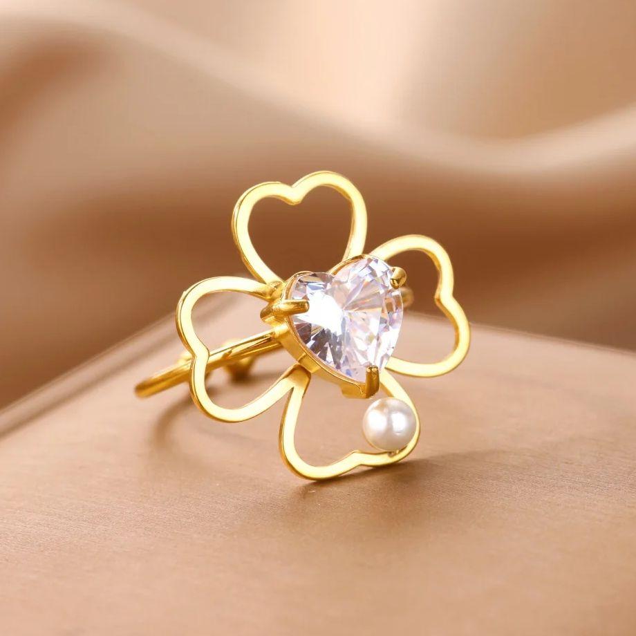 Zircon Four Leaf Clover Rings For Women Gold Color Stainless Steel Opening Couple Ring Aesthetic Wedding Bohemian Jewelry Gift