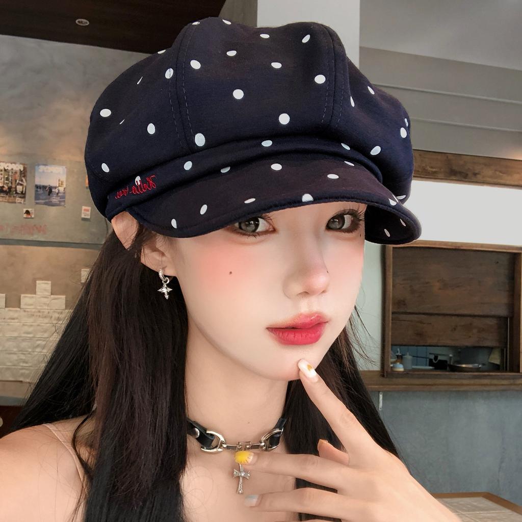 Polka Dot Letter Embroidery Beret Female Autumn High Sense Versatile Octagonal Hat Retro Literary Painter Hat